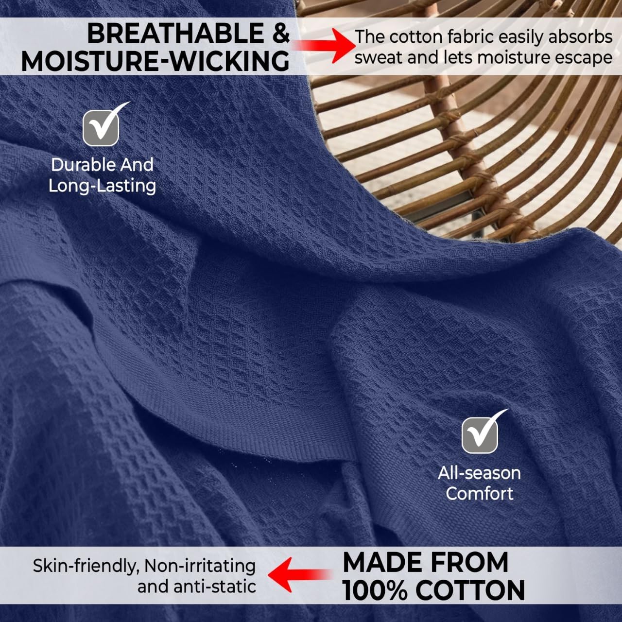 100% Cotton Blankets for Bed - Waffle Weave Blankets for Summer, Lightweight and Breathable Soft Woven Blanket for Spring (Navy, Queen (90" x 90")) - Image 3