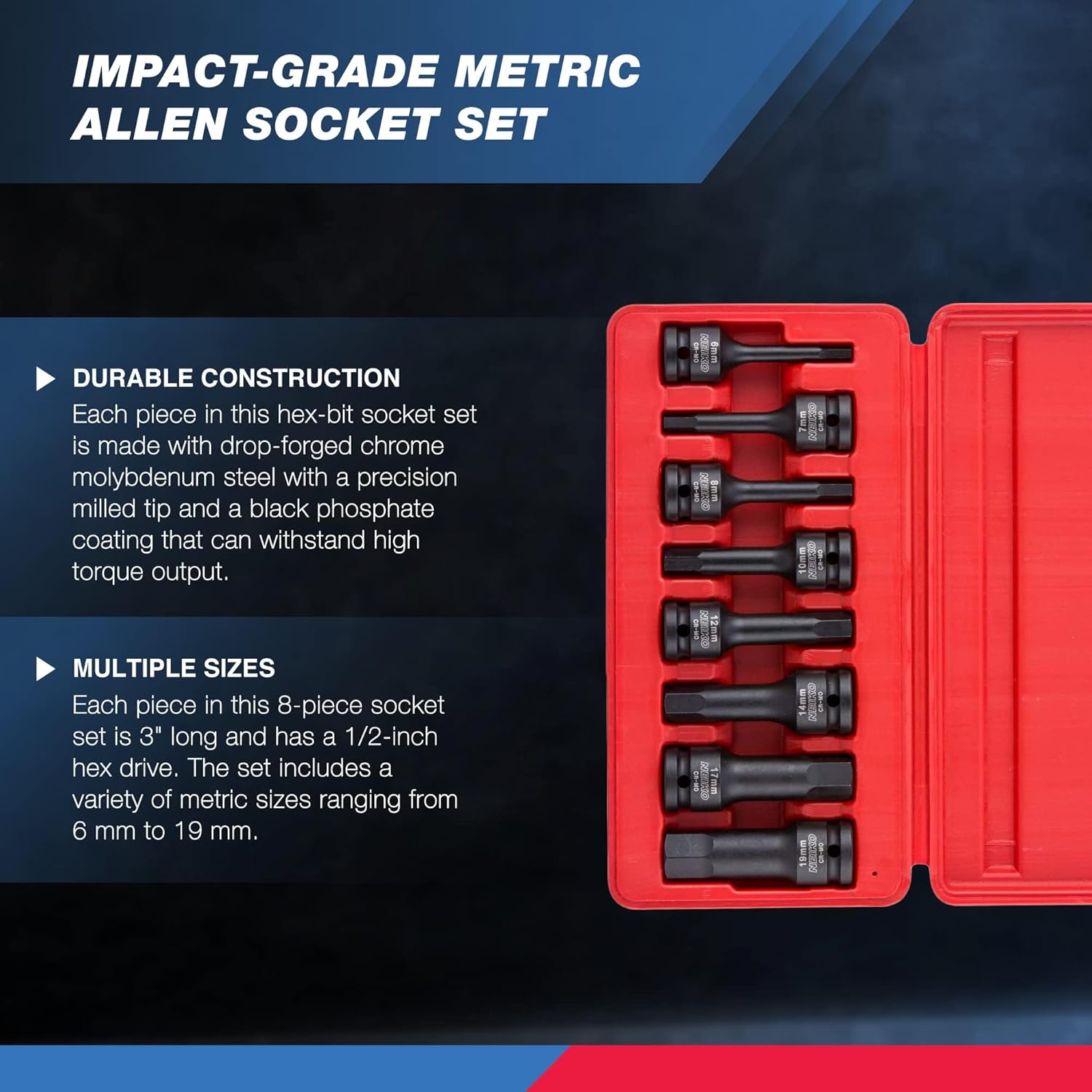 Neiko 01136B 1/2-Inch Drive Allen Hex Impact Socket Set, Metric, 6 mm - 19 mm, Cr-Mo, 8-Piece - Image 2