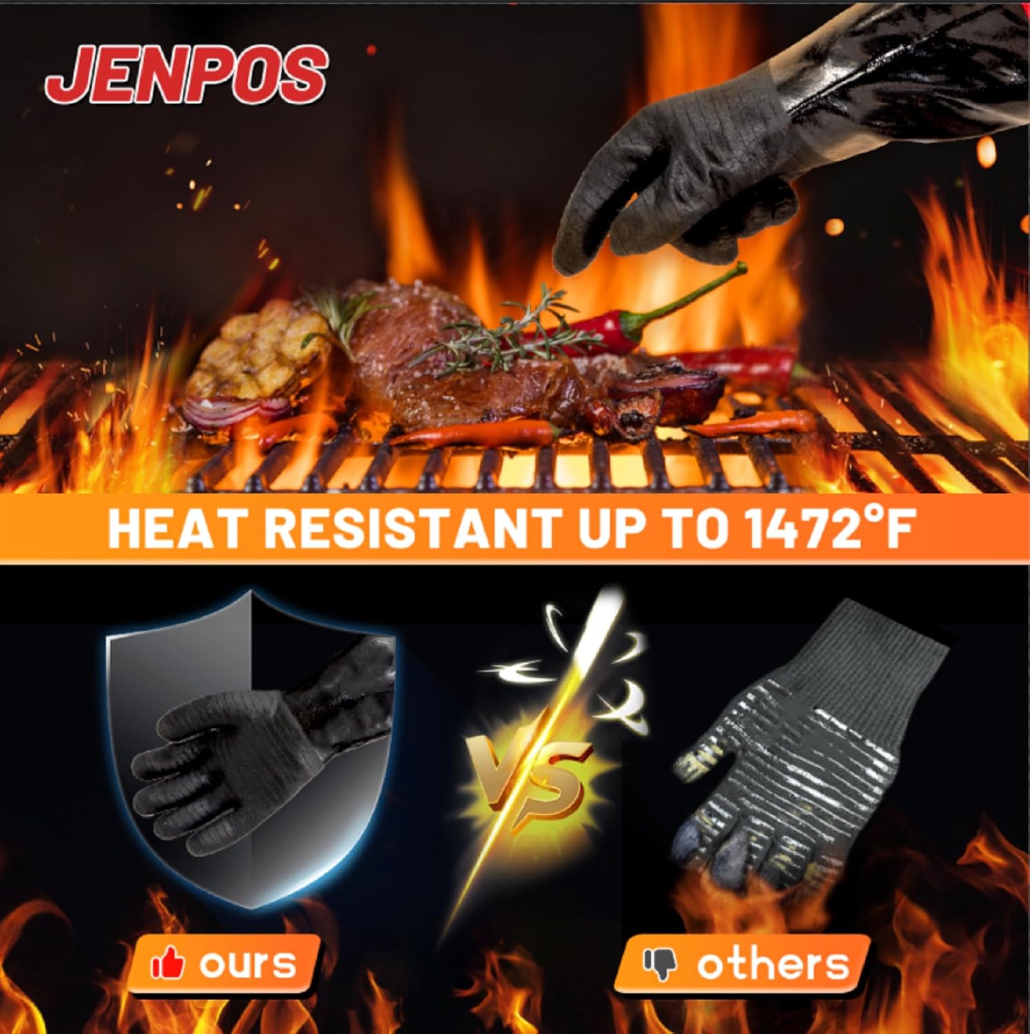BBQ Gloves - 1472°F Thicken Heat Resistant Gloves w/S-Hook 14 in Kitchen Oven Mitts Waterproof Grill Gloves Oil Resistant Grilling Gloves Cooking Gloves for Turkey Fryer/Baking/Oven/Smoker - Image 4
