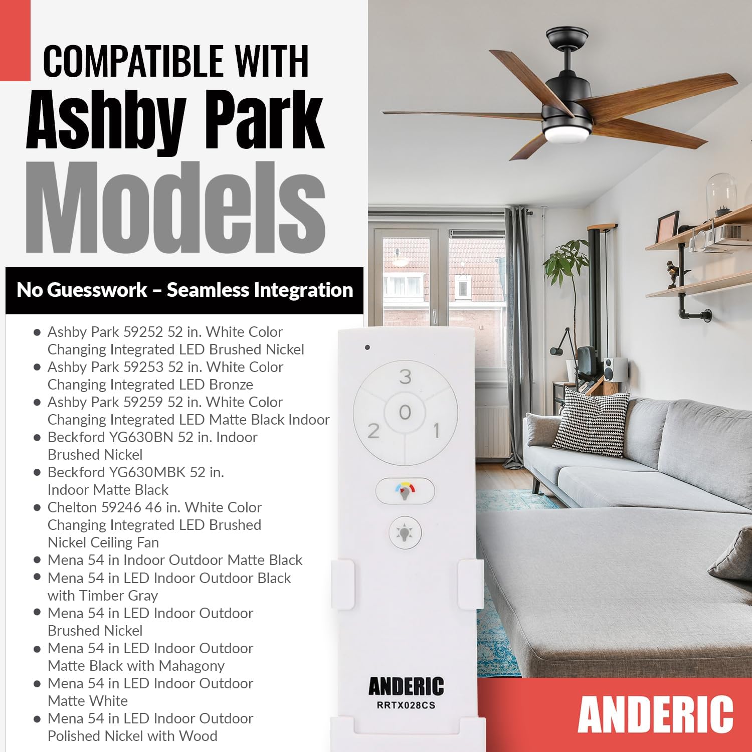 Anderic RRTX028C-S Replacement Ceiling Fan Remote Control Compatible with Hampton Bay and Home Decorators Collection Fans – Works with RRTX028CS Receiver, 3 Speeds, Light Dimming, CCT Color Control - Image 2