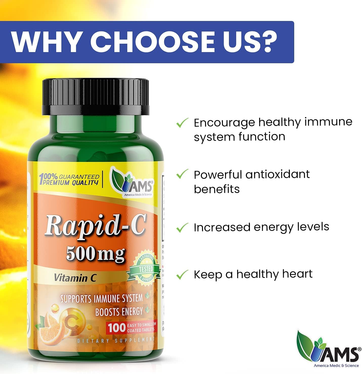 America Medic & Science Rapid-C 500mg Vitamin C Supplement 500 Tablets (5 Pack of 100 Tablets) Daily Immune System Support, Antioxidant | Vegan, Non-GMO Coated Ascorbic Acid for Adult Men & Women - Image 6