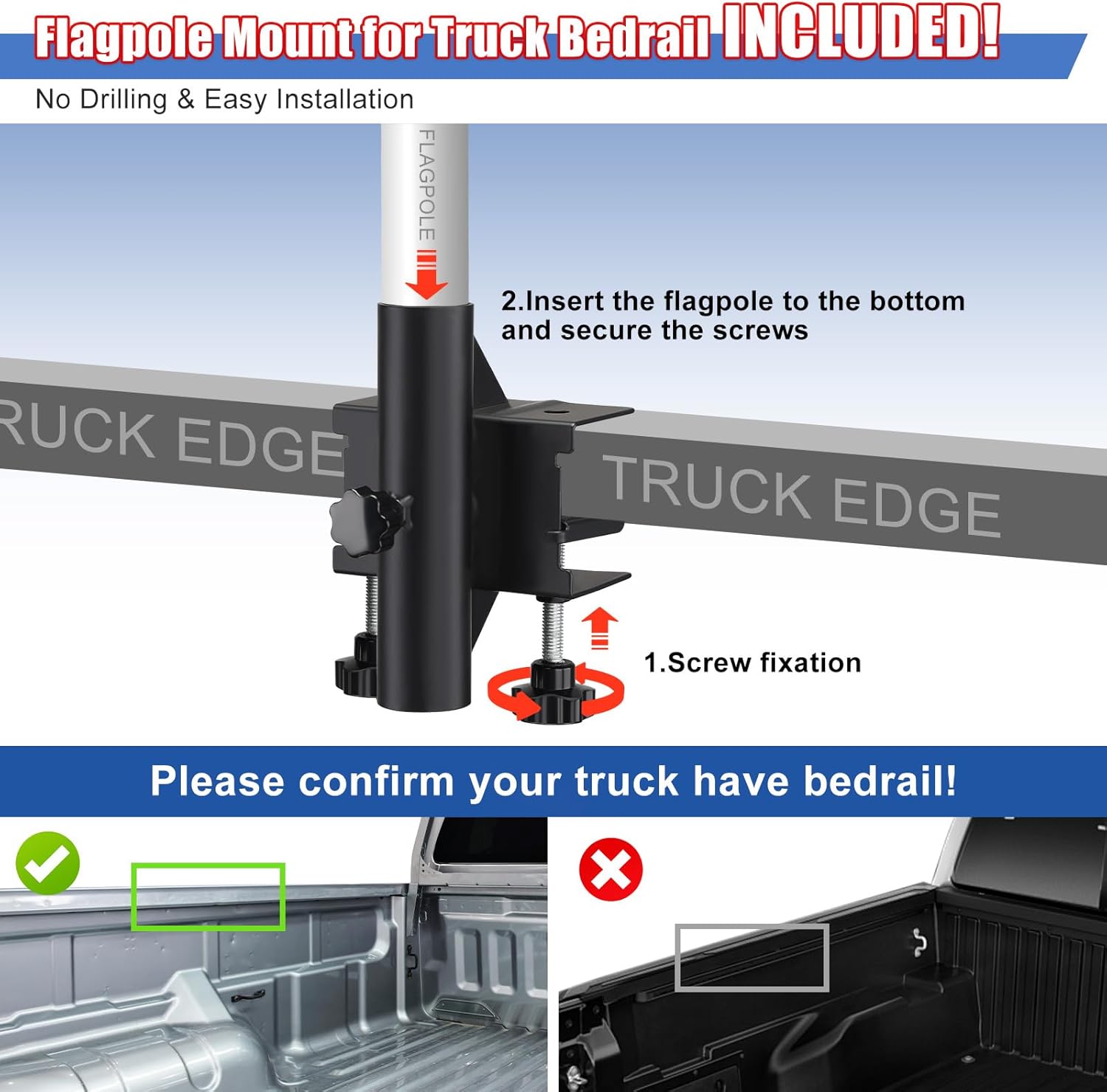 Truck Flag Pole with Mount for Truck Bed, 5ft Black Metal Flagpole, Heavy Duty Flag Pole Kit with Holder, Drilling Free for Truck Bed Rail, Pickup, Jeep, Deck Railing, Balcony, Boat, Fence Post - Image 5