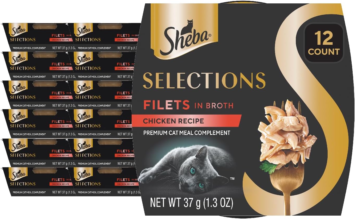 Sheba Selections Filets in Broth, Adult Cat Food Wet Recipe, Meal Complement, Chicken Recipe, 1.3 oz. Cups, 12 Count