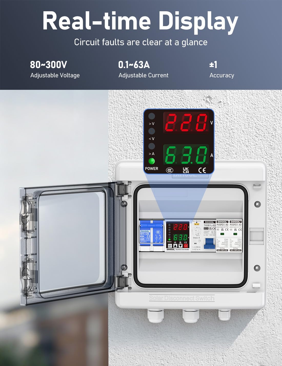 DIHOOL Smart Circuit Breaker with Adjustable Voltage Protection, 70-200V Low and 140-300V High Cutoff, 1-63A Overcurrent Protector, AC Disconnect Switch, DIN Rail Mount - Image 4