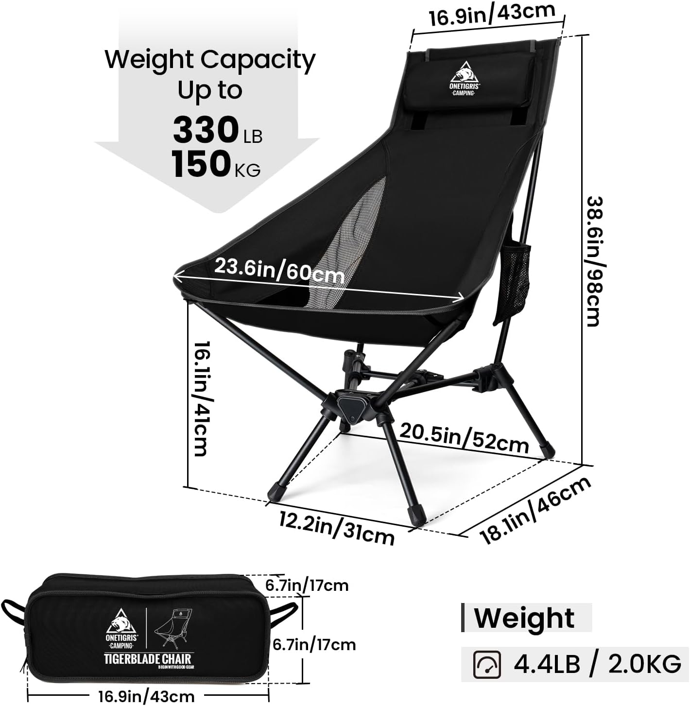 ONETIGRIS Tigerblade High Back Camping Chair with Pillow Design, Comfortable Widened Seat Folding Chair - Image 3