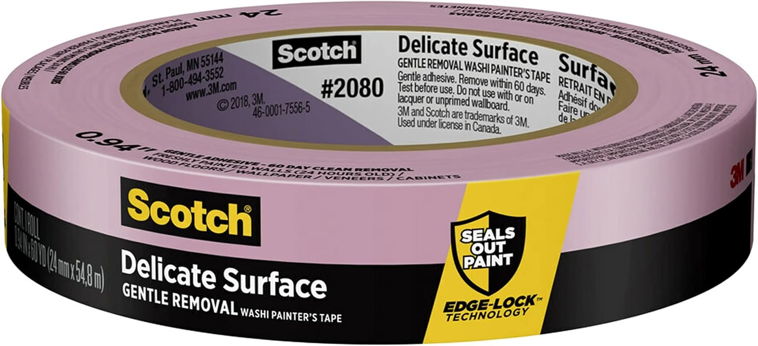 Scotch Delicate Surfaces Painters Tape, 0.94 in x 60 yd, Damage-Free Painting Prep, Protect Delicate Surfaces, UV & Sunlight Resistant, Solvent-Free Adhesive, Indoor Masking Tape, 1 Roll (2080EL-24E)