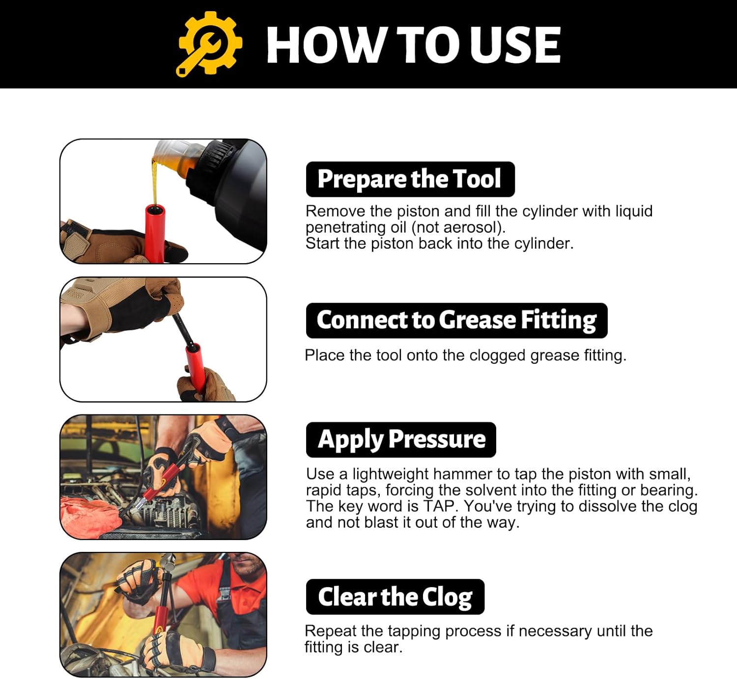 Grease Fitting Cleaning Tool, Cleans and Flushes Out Old Dried Grease from Fittings, Pins, Shafts, Bushings, and Joints. Uses Penetrating Fluid and Hydraulic Pressure, Red - Image 5
