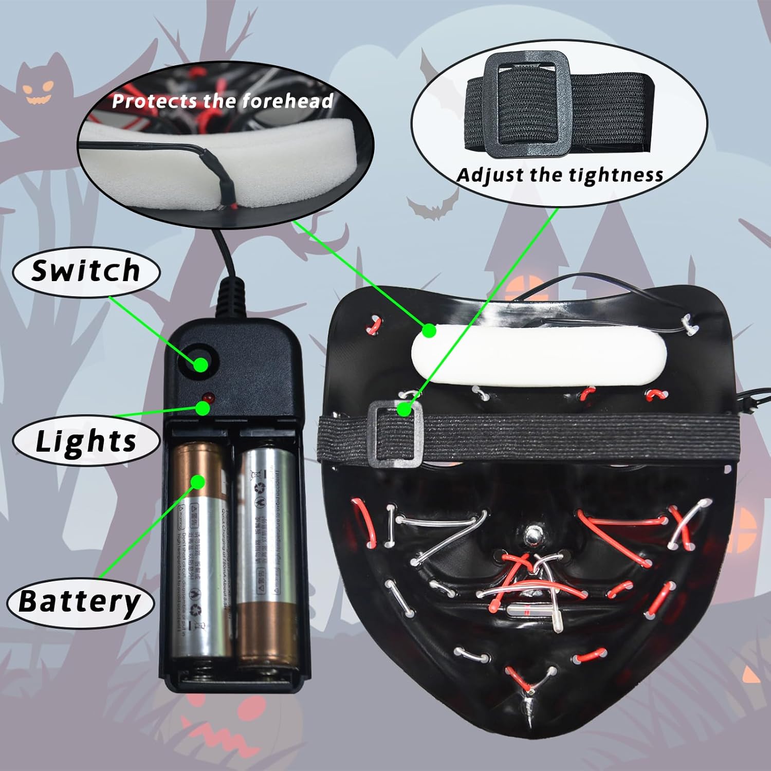 Peywot Halloween LED Light up Mask, The Purge Masks with 3 Lighting Modes, Scary Mask for Festival Cosplay - Image 4