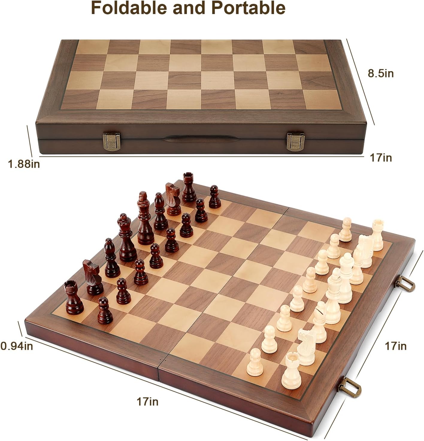 Magnetic Wooden Chess Set for Adults Kids 17'' Chess Board with Handmade Pieces, Folding Portable Travel Unique Chess Sets Game for Tournament Professional Beginner - Image 4