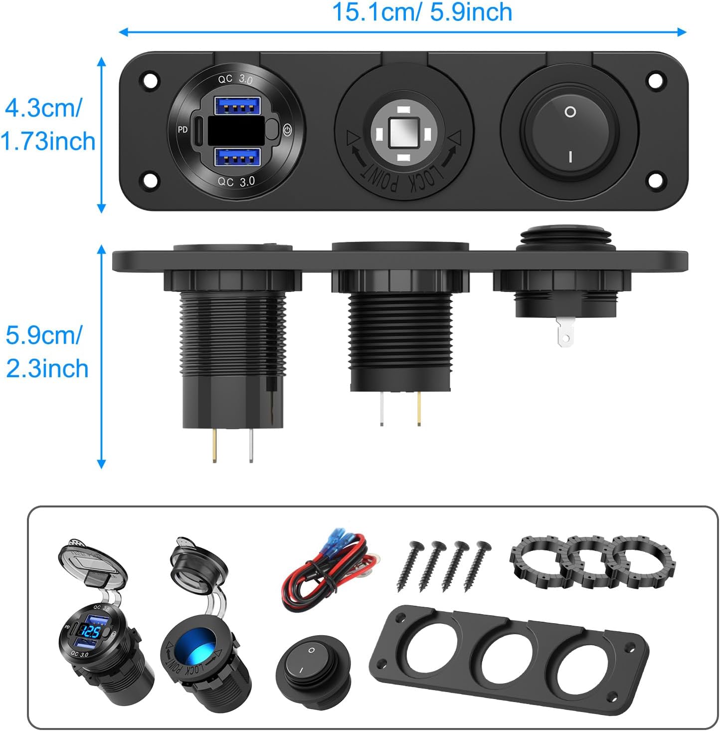 12V USB Outlet Boat Accessories Marine Switch Panel Plug, PD3.0 and Dual QC3.0 USB Ports Aluminum Car Charger with Voltmeter, Lighted 150W Cigarette Lighter Socket and Toggle Switch 3 in 1 DIY Kit - Image 8