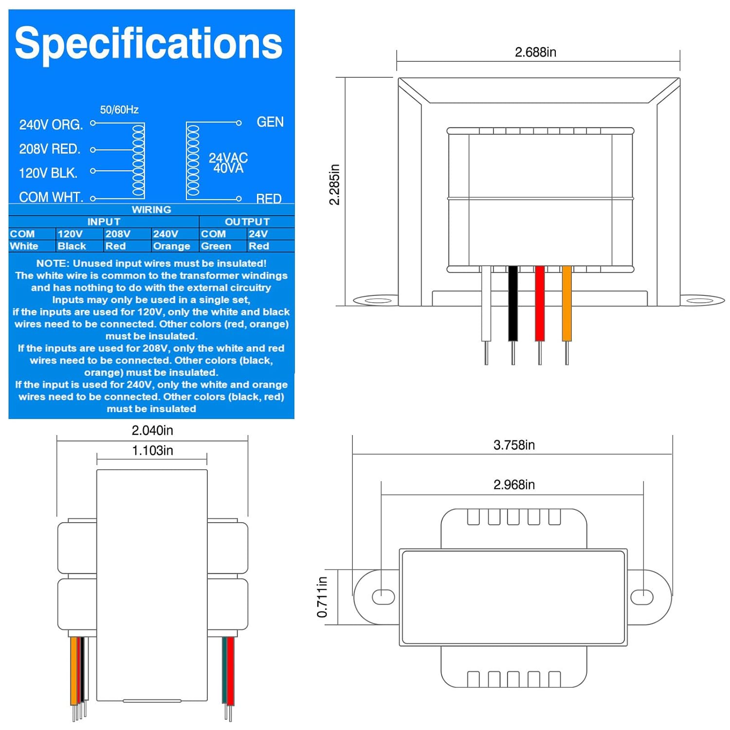 24V 40VA Control Transformer, Primary 120/208/240V, Secondary 24V Isolation Transformer with Foot Mount for HVAC Furnace Multi Tap - Image 2