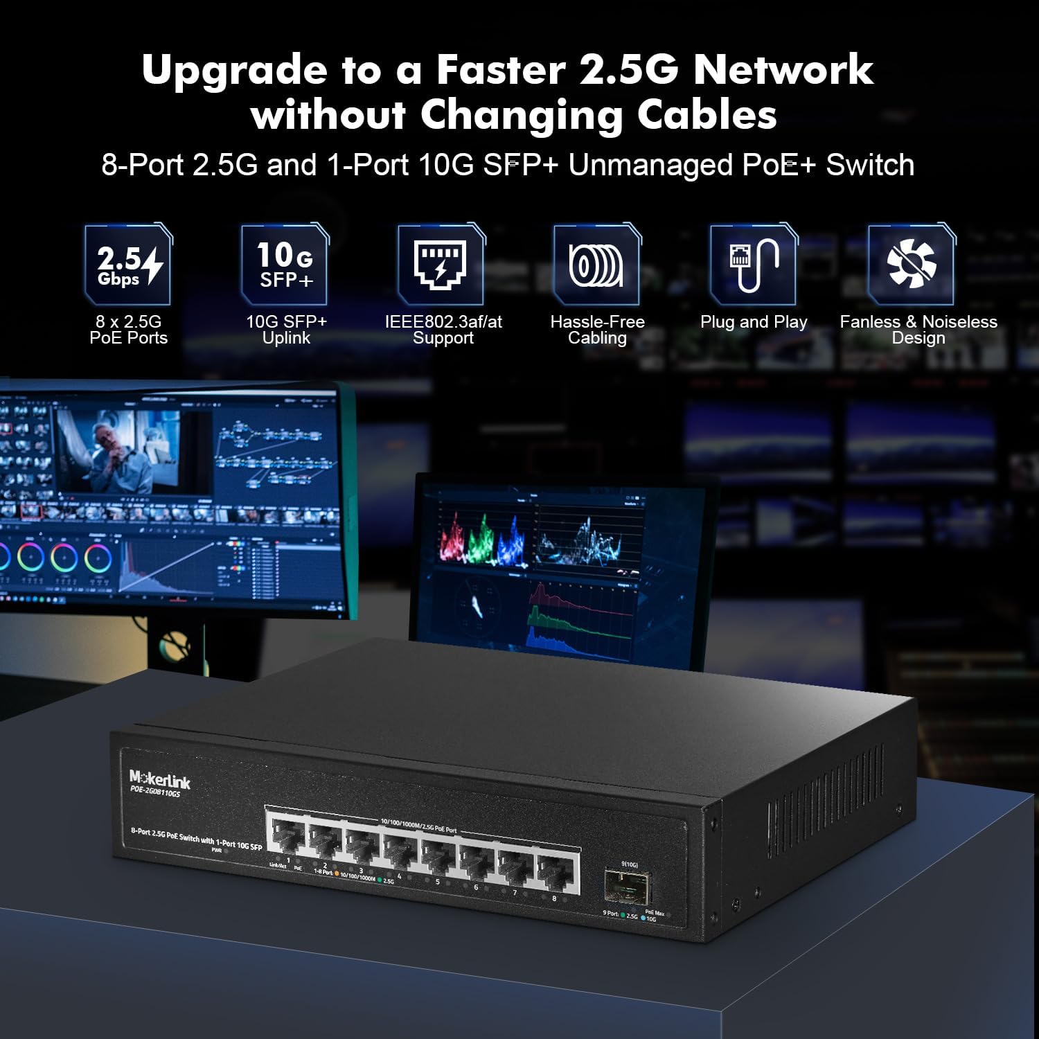 MokerLink 8 Port 2.5 Gigabit PoE Switch with 10G SFP, 8 x 2.5G Ethernet Ports, 8 Port PoE IEEE802.3af/at, 120W, Compatible with 10/100/1000Mbps, Unmanaged Fanless Wall Mountable Network Switch - Image 2