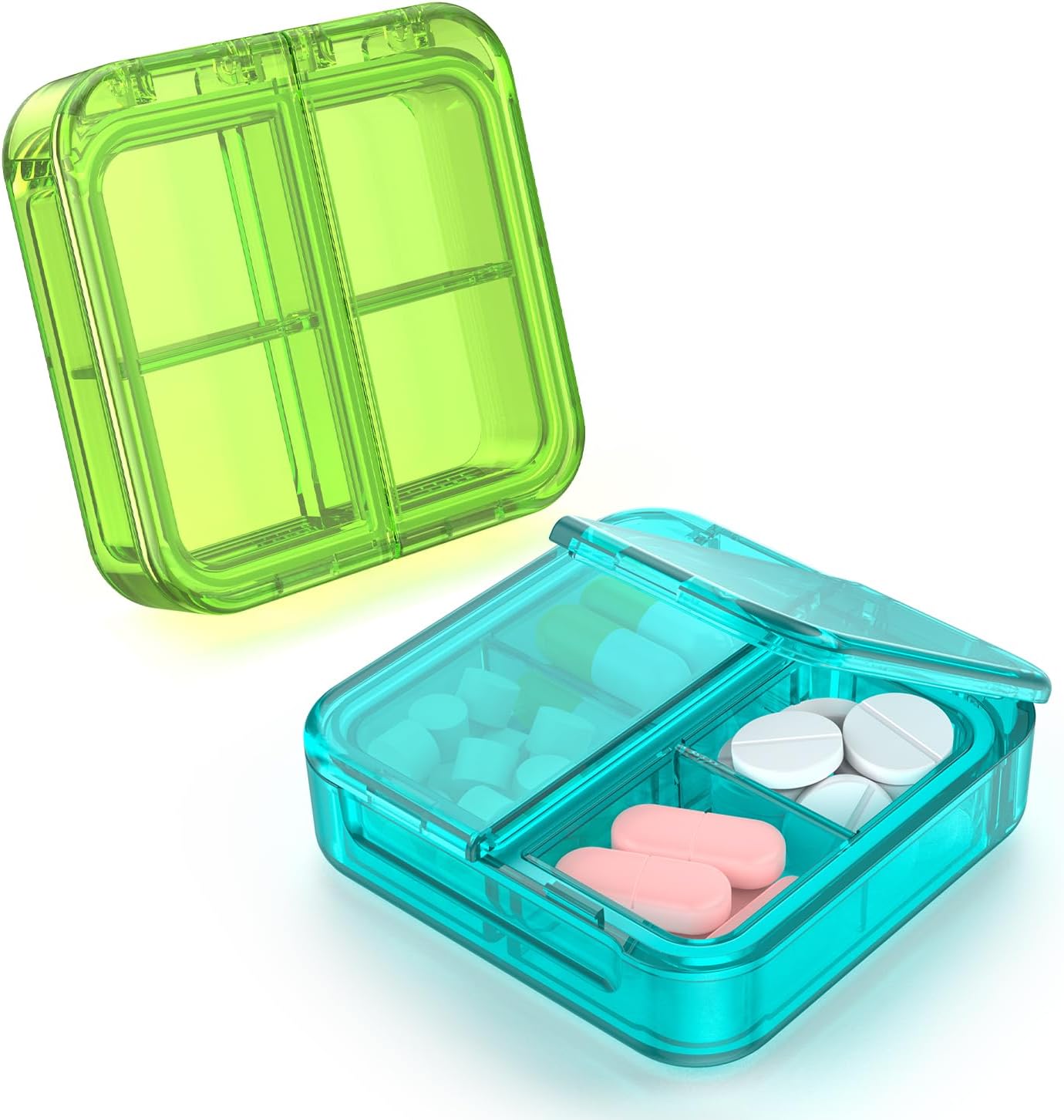 Small Pill Box,4 Compartments Travel Pill Case, Portable Pill Organizer,Mini Pill Container for Pocket,Daily Compact Travel Medicine Holder for Vitamins Fish Oil and Supplement Storage(Green+Cyan)