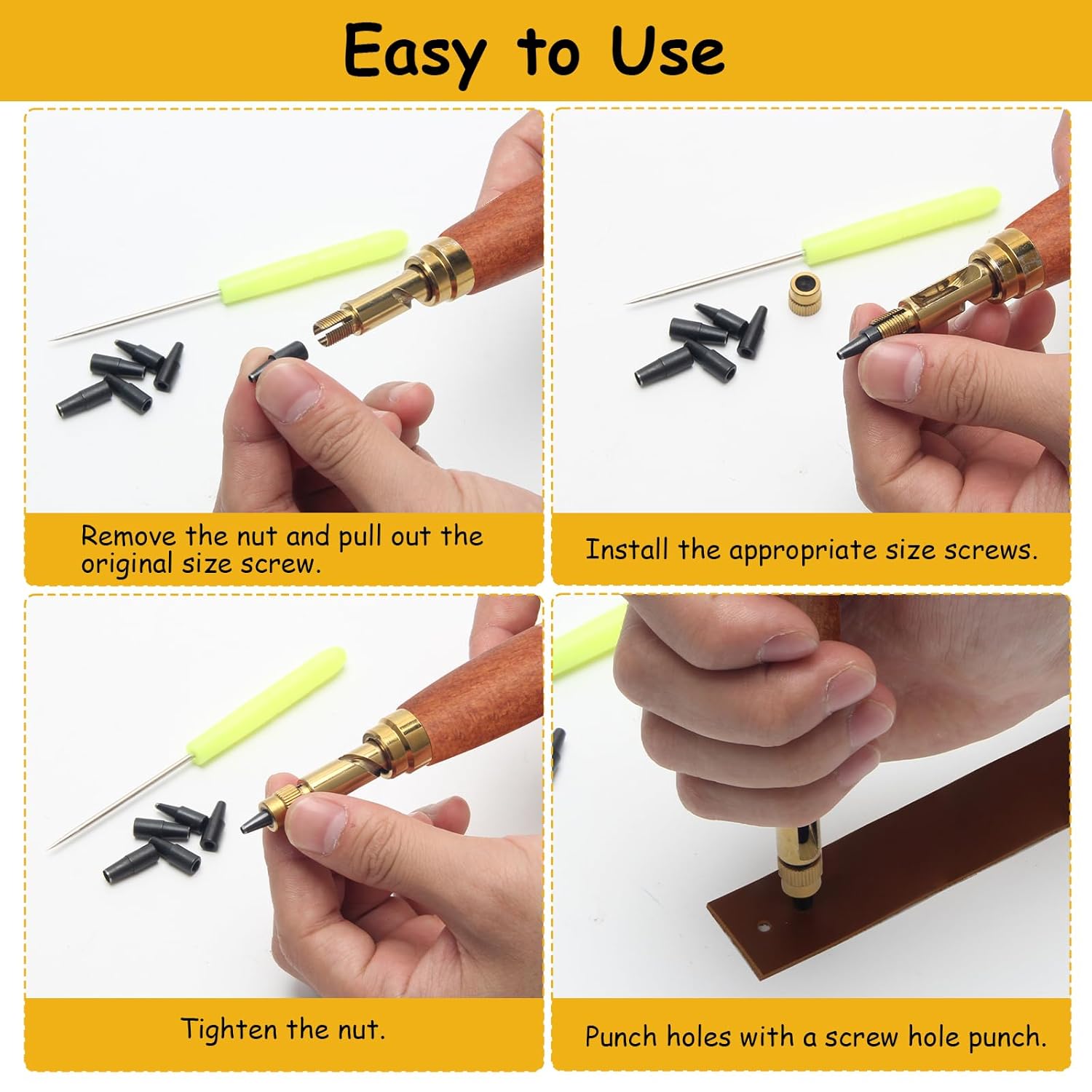 Japanese Screw Punch, Boyistar Wood Handle Belt Hole Puncher, Adjustable Leather Hole Punch Tool (Brown) - Image 4