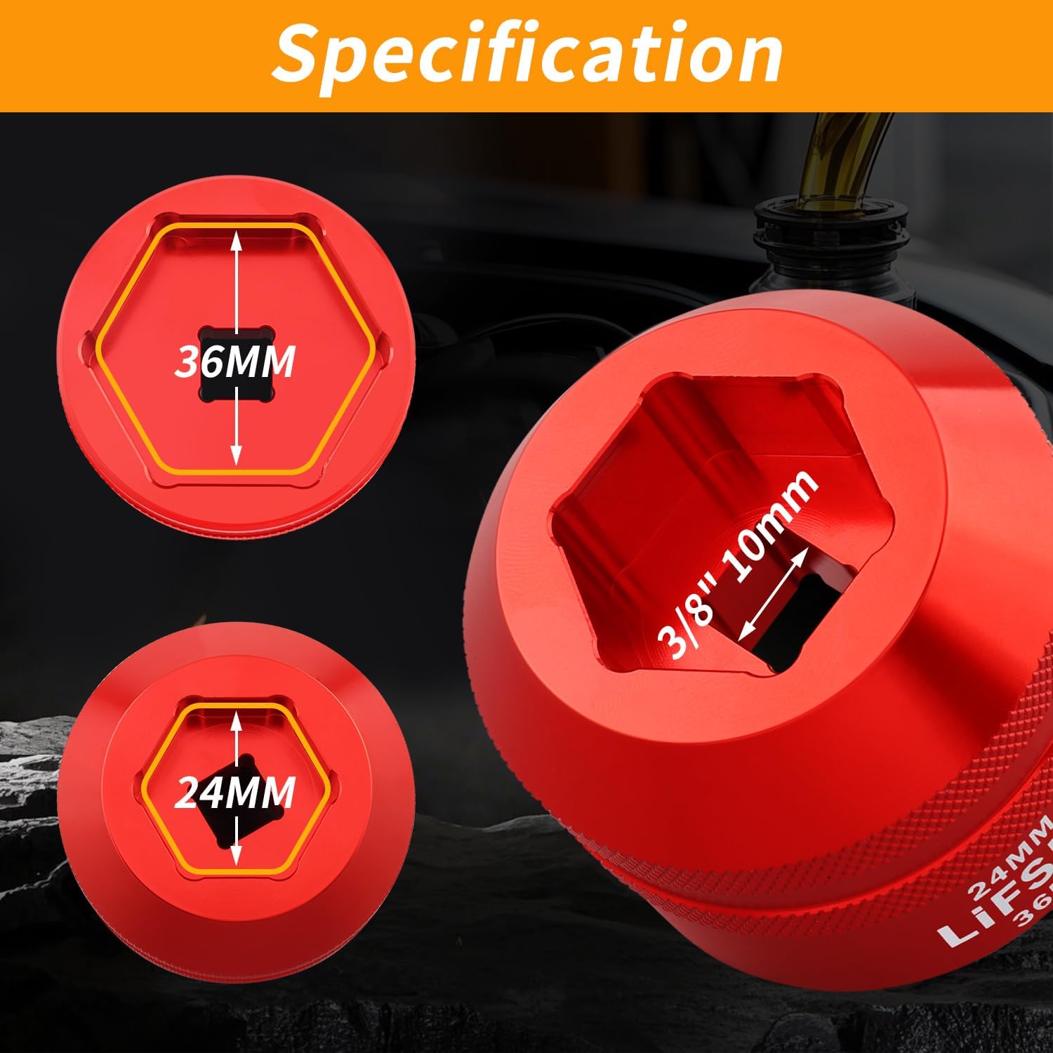 24mm / 36mm Oil Filter Socket, Fuel Filter Cap Remover for 2003-2010 6.0L / 6.4L Ford Powerstroke Diesel-Red - Image 2