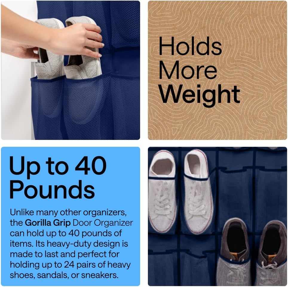 GORILLA GRIP Over the Door Shoe Organizer, 24 Large Breathable Mesh Pockets, Space Saving Hanging Storage Holder, Closet Rack Hanger Holds Up to 40 lbs, Hangs on Closets for Shoes, Accessories, Navy - Image 3