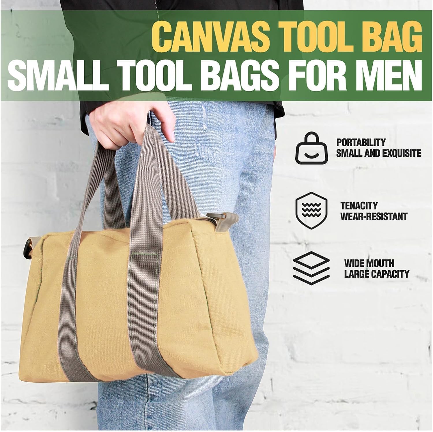 Small Tool Bag, Canvas Tool Storage Bag, Large Capacity Multipurpose Zipper Soft Tote Organizer Pouch for Electrician, Plumbing, Gardening,Tools Bags for Men (Khaki, 18 Inch) - Image 4