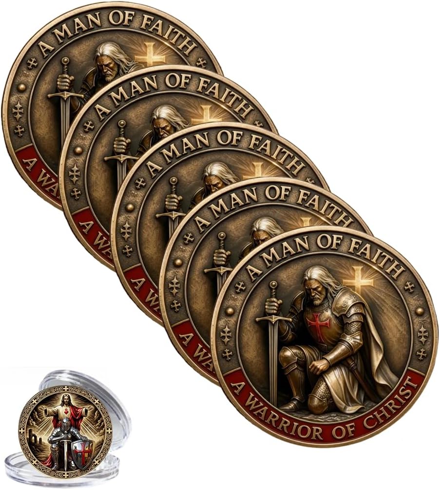 A Man of Faith-A Warrior of Christ Commemorative Coin,Christian Jesus Challenge Coins, Dual-Sided Knights Prayer Token Gifts for Men,Collectors, Historians, and Enthusiasts (5pcs)