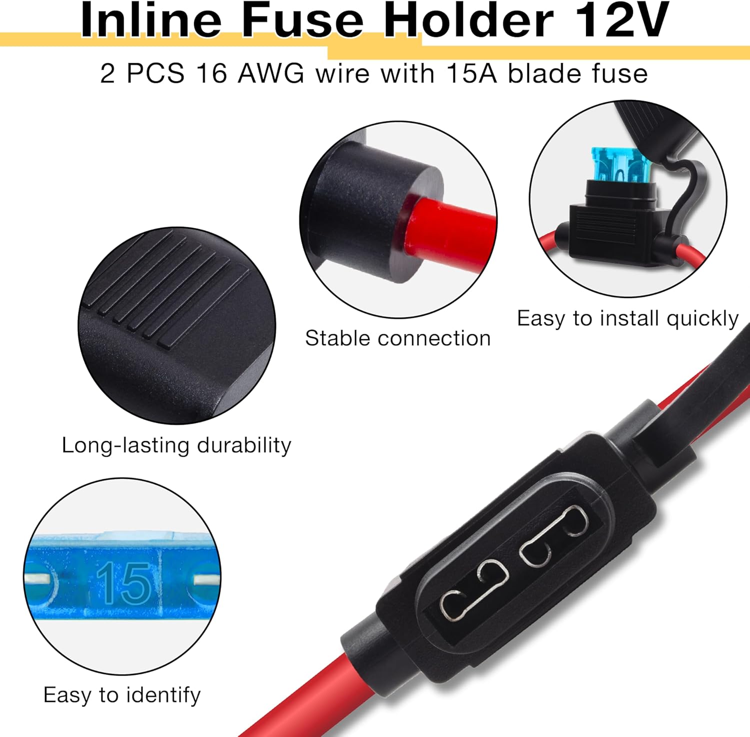 2 PCS Inline Fuse Holders 12V, 16 AWG Car Gauge Inline Fuses, Waterproof Fuse Holder with 15A ATC/ATO Standard Blade Fuses for Automotive, Marine, Golf Cart Lighting, Electrical Circuits - Image 4