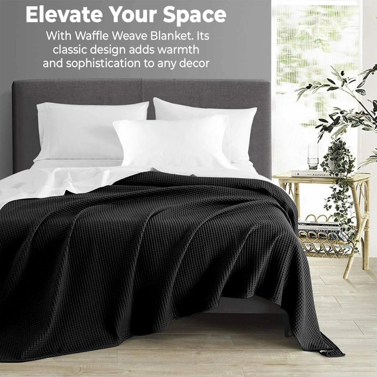 100% Cotton Blankets for Bed - Waffle Weave Blankets for Summer, Lightweight and Breathable Soft Woven Blanket for Spring (Black, Throw (50" x 60")) - Image 5