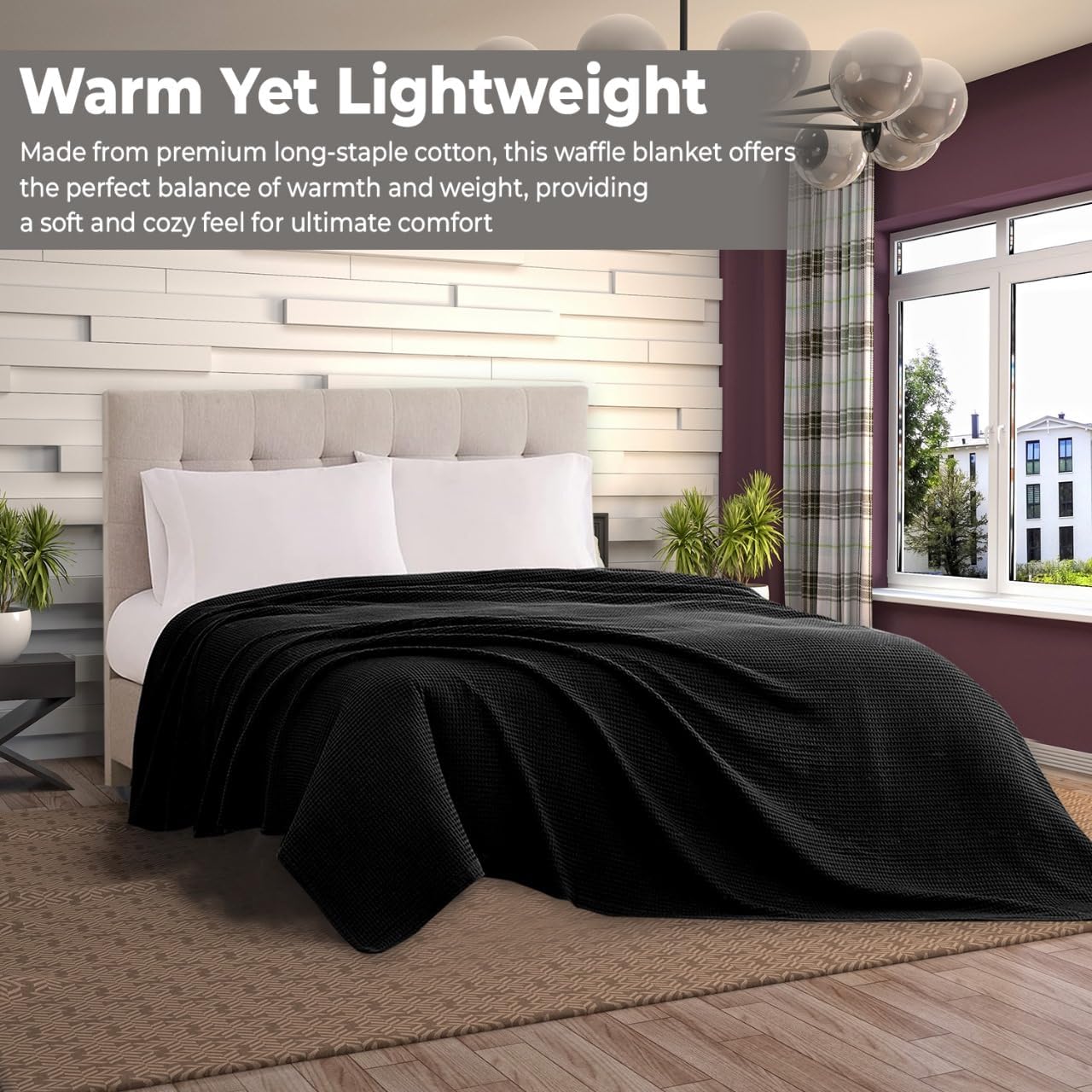 100% Cotton Blankets for Bed - Waffle Weave Blankets for Summer, Lightweight and Breathable Soft Woven Blanket for Spring (Black, Throw (50" x 60")) - Image 8
