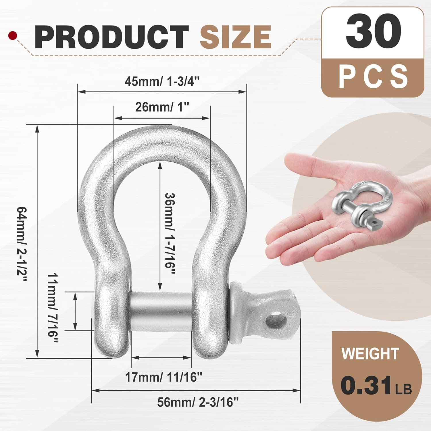 30 Pack 3/8 Inch D Ring Shackles, Galvanized Carbon Steel Screw Pin Anchor Shackles, D-Shackles for Marine, Mining, Forestry, Land Transport, Home Use - Image 2