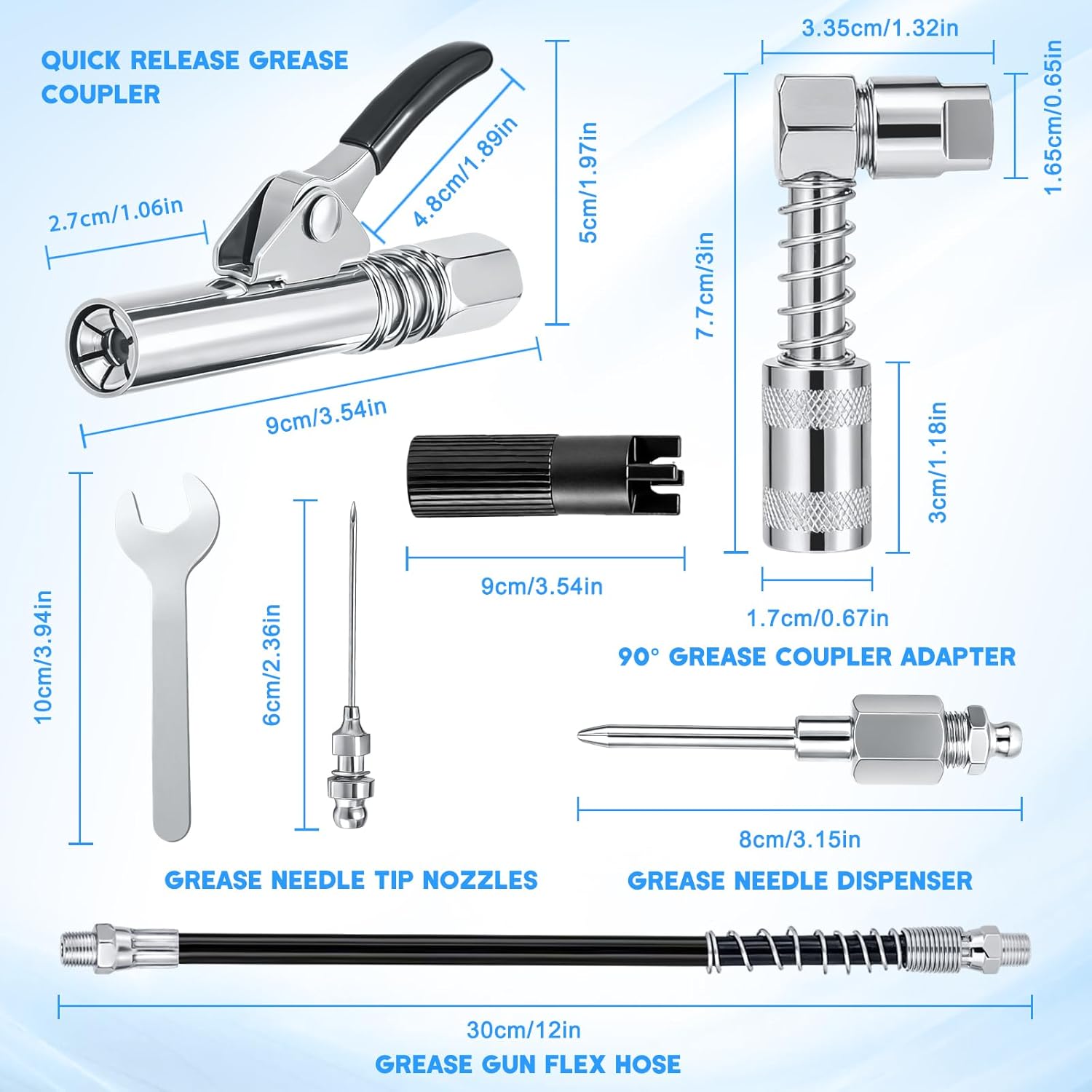 Grease Gun Fittings Accessory Kit - Grease Gun Coupler, 90 Degree Grease Coupler Adapter with Sleevers, Grease Neddle Dispenser, 2 Grease Needle Nozzle Tips, 12" Grease Gun Hose, Zerk Fitting Cleaner - Image 7