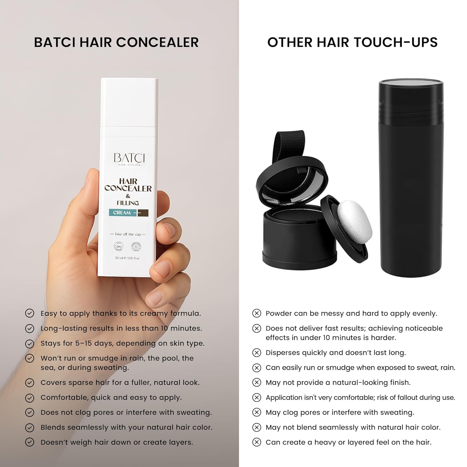 Batci Hair Concealer Cream for Thinning Hair & Bald Spots - Non-Fiber Scalp Concealer Root Touch-Up for Men & Women, Sweat/Water Resistant, One Shade for Black Brown & Grey Hair 1 fl oz (30ml) - Image 5