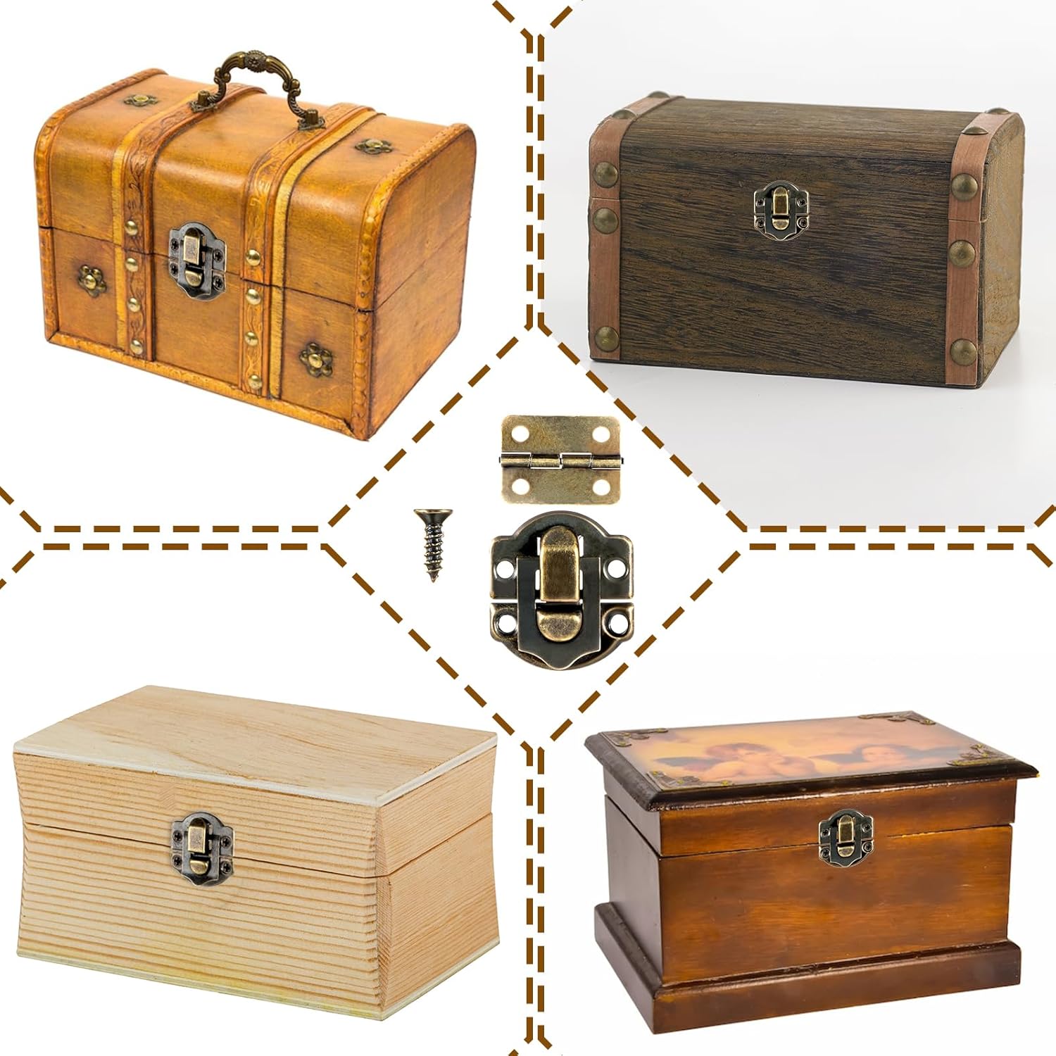 Antique Wooden Box Hinges and Latches with Matching Screws Retro Small Hinge Buckle Latch and Vintage Bronze Engraved Hinge for Decorative Cabinet Jewelry Box (2X Hasp Catch + 4X Hinges) - Image 2