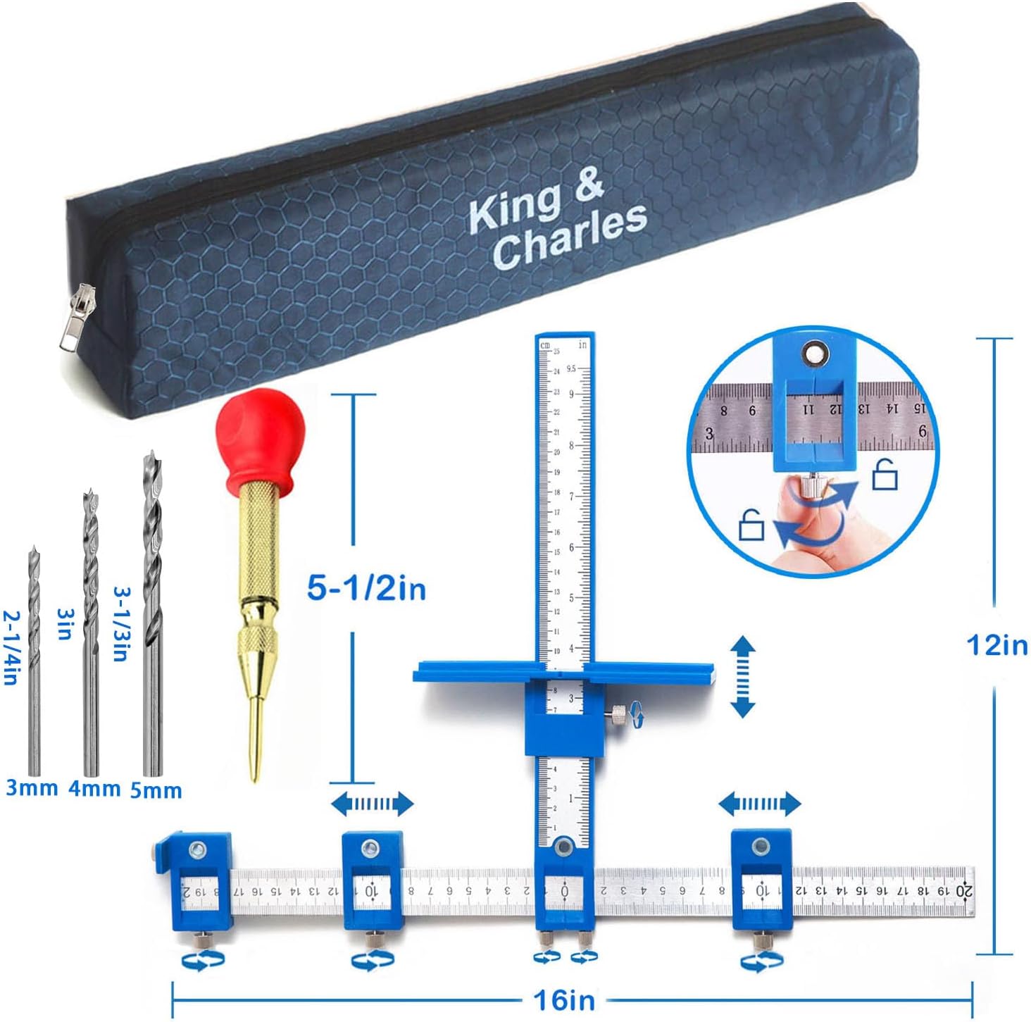 King&Charles Cabinet Hardware Jig, Cabinet Handle Jig + Automatic Hole Punch + Point Drill Bits, Use for Handles Knobs Pulls on Drawers/Doors, Wood Drilling Dowelling Guide Set. - Image 3