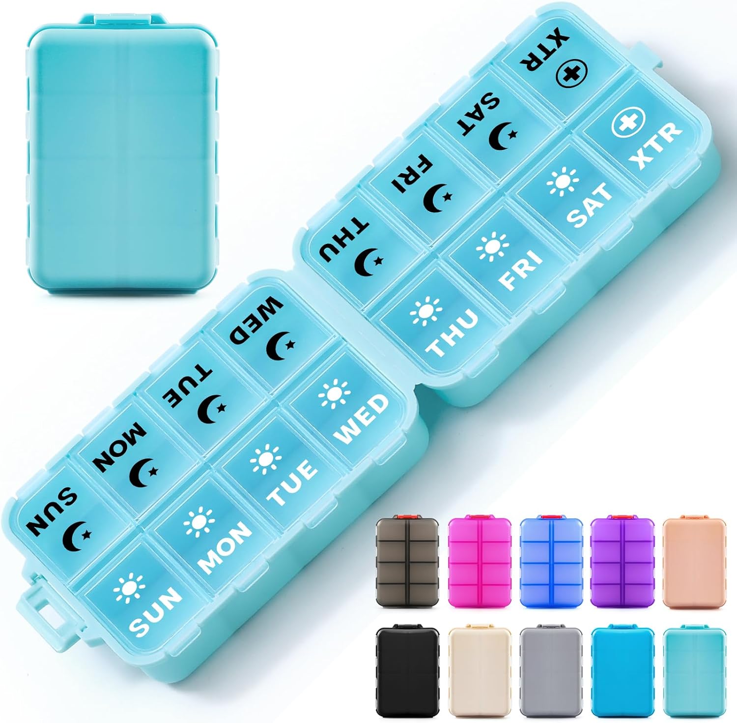 Foldable Weekly Pill Organizer 2 Times a Day with 2 Extra Compartments (Clear Printed Labels) - Portable 7 Day AM PM Medicine Box, Week Daily Travel Pill Case Holder for Vitamin, Supplement - Sky Blue