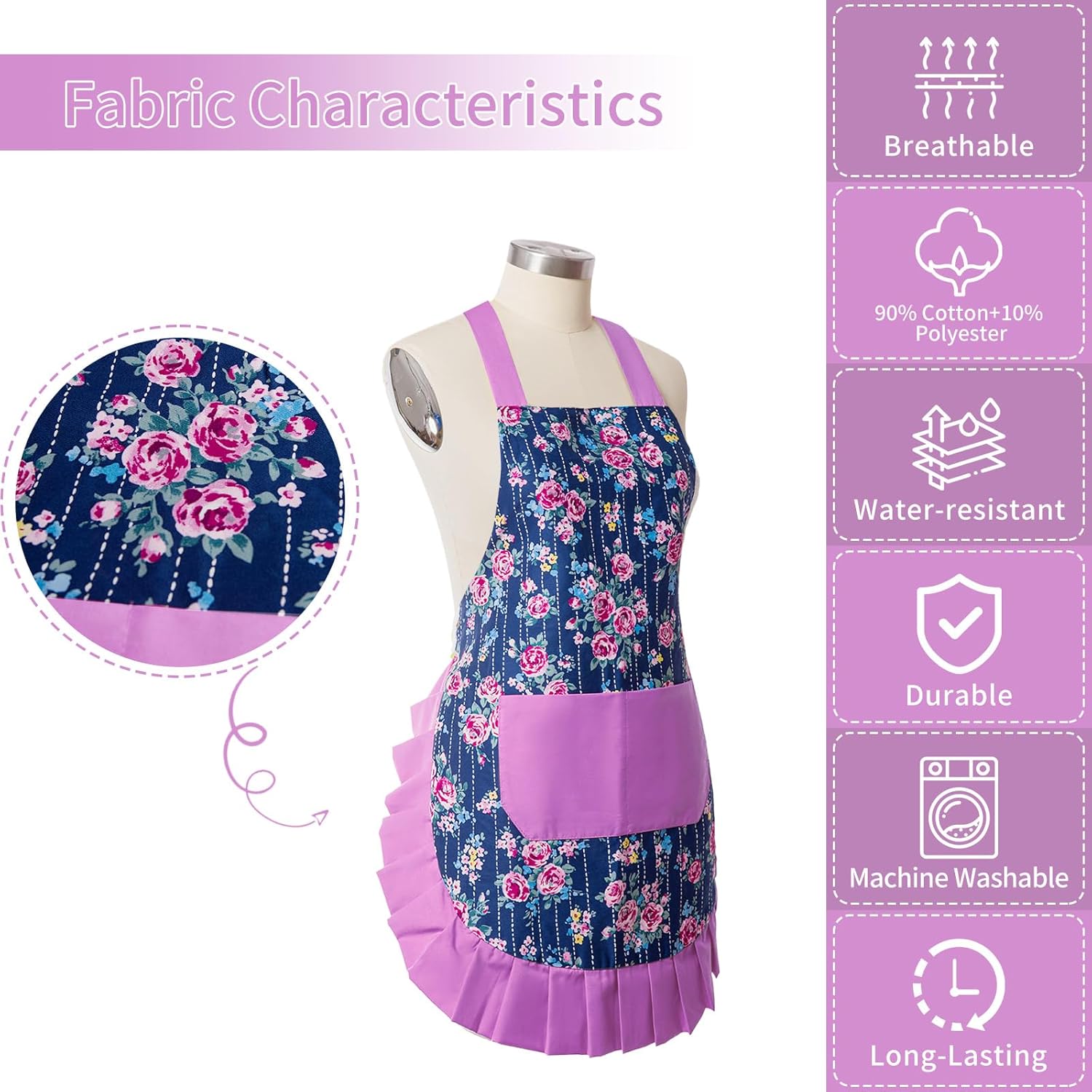 Vintage Floral Apron for Women with Functional Pockets Adjustable Neck Strap for Cooking Baking Mother's Gift - Image 8