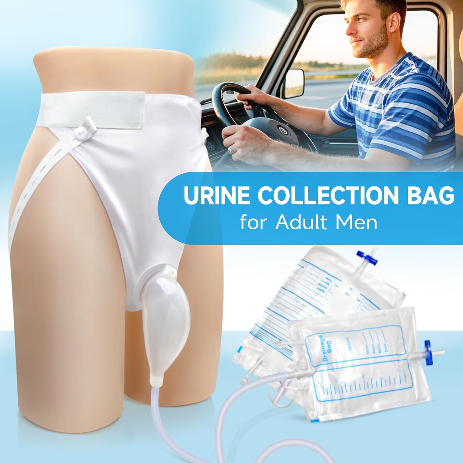 Catheter for Men, Urine Collection Bag for Elderly Men Male Age 80, Reusable Portable Silicone Urinal with 2 Bags (White-Men) - Image 8