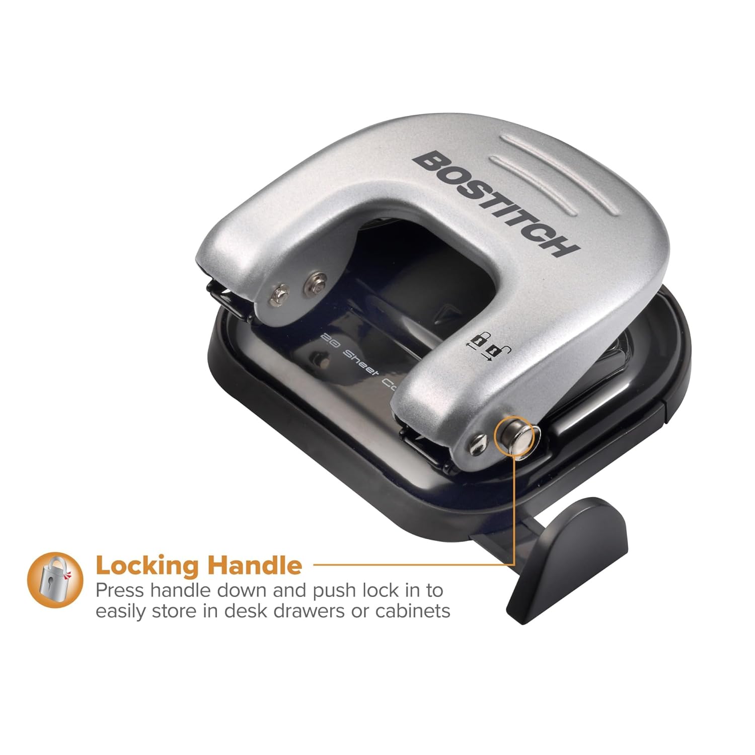 Bostitch Office EZ Squeeze Reduced Effort 2-Hole Punch, 2 Sheets, Locking Handle, Silver (231) - Image 4
