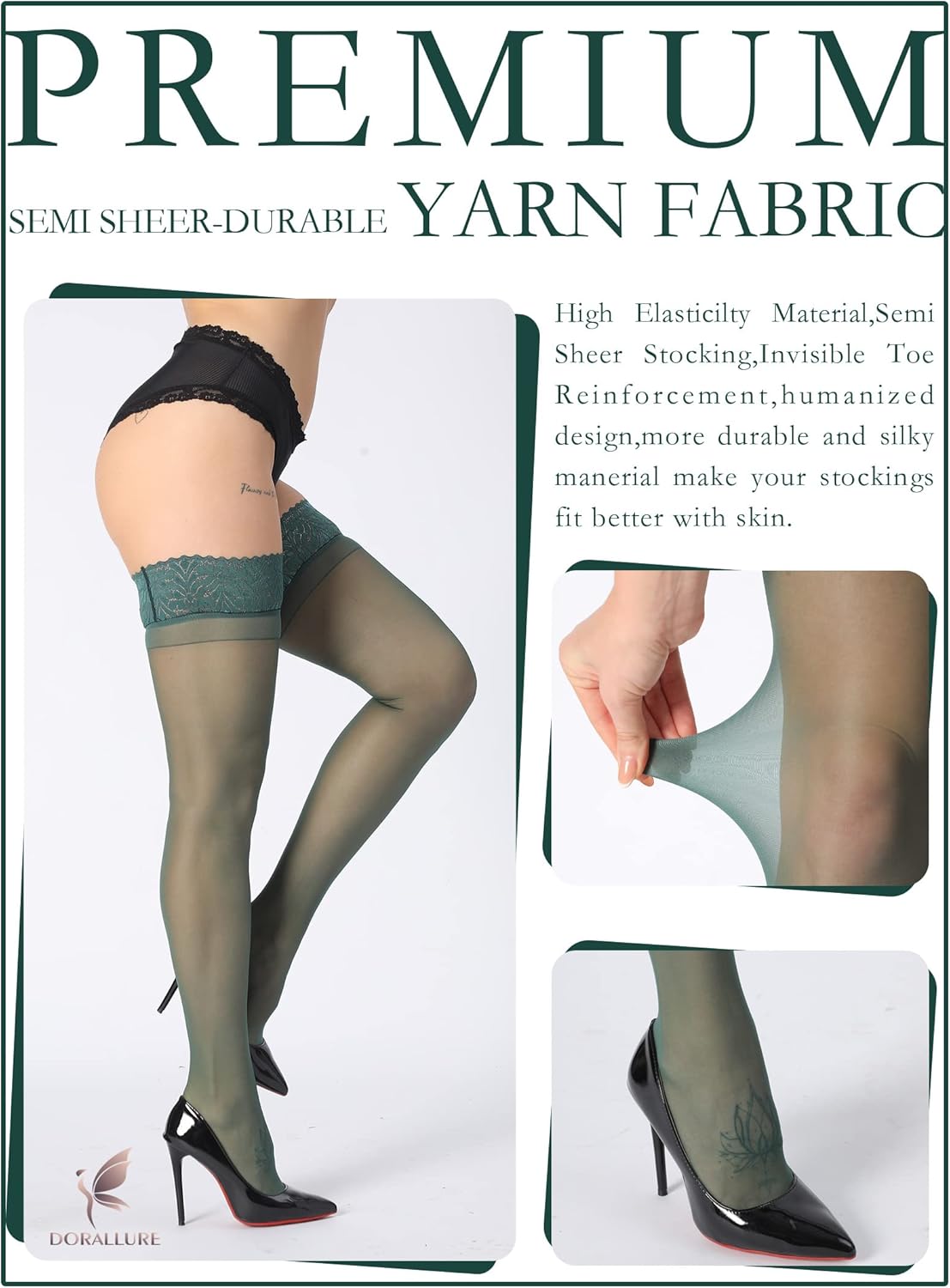 DORALLURE Thigh High Stockings Silicone Lace Top Stay Up Silky Semi Sheer Pantyhose for Women Hold Up Nylon - Image 4
