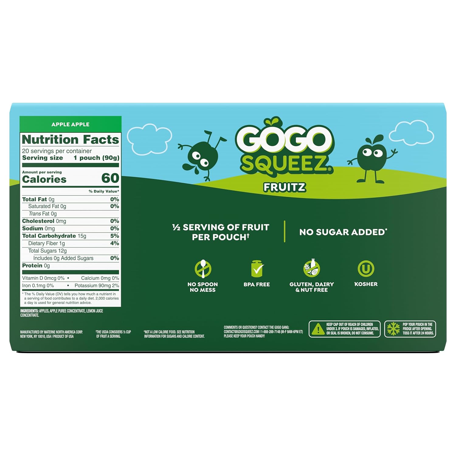 GoGo squeeZ No Sugar Added Applesauce and Fruit Puree, Apple, 3.2 oz Pouches (Pack of 20), Fruit Snacks for Kids, Gluten Free, Nut Free, Recloseable Cap, BPA Free - Image 2