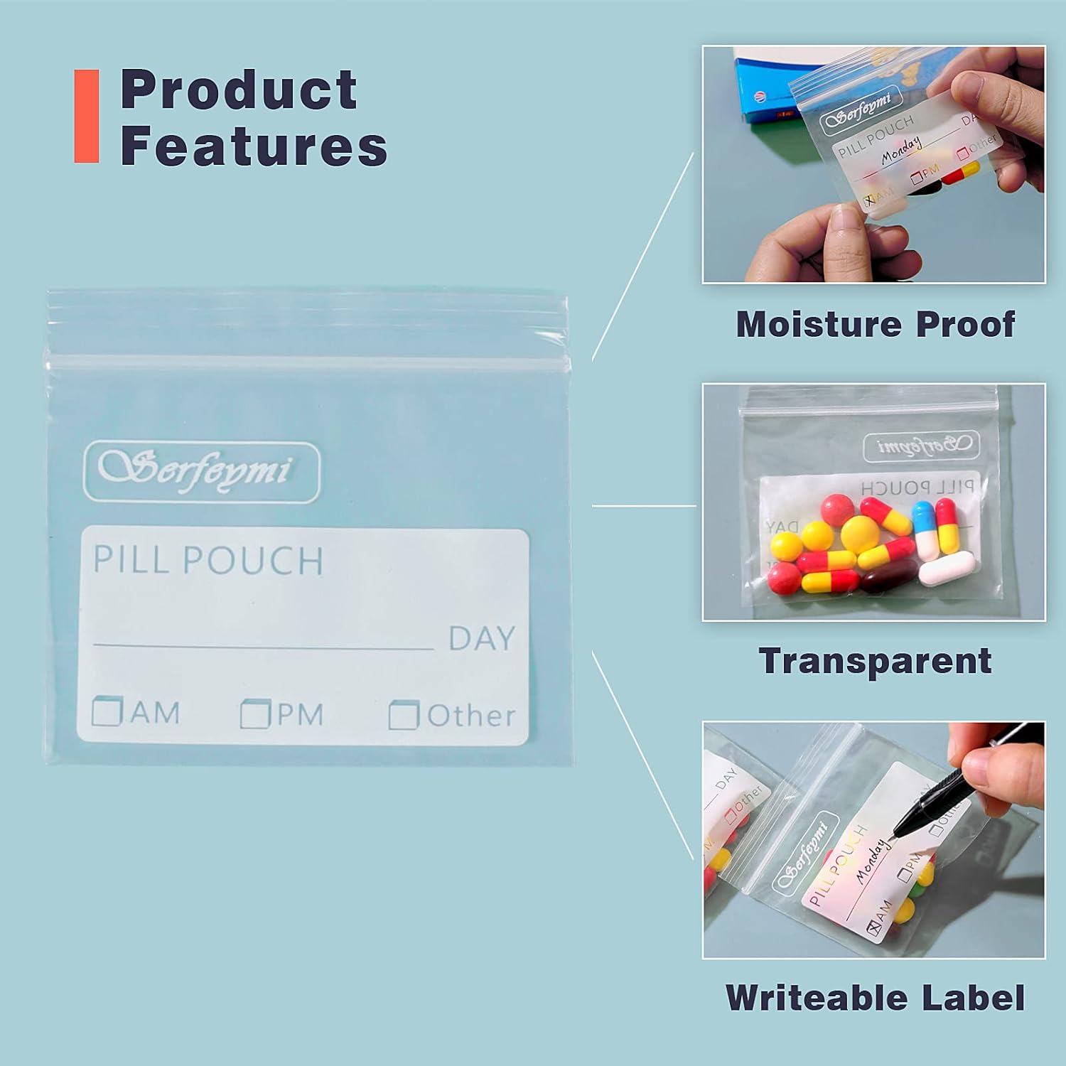 Serfeymi Pill Bags for Travel Pill Pouch Organizer Pack of 540 BPA Free 3 x 2.75 inch Reusable Pill Pouches for Medicine with Write on Label & Zipper Seal Waterproof AM PM Pill Baggies for Supplements - Image 6