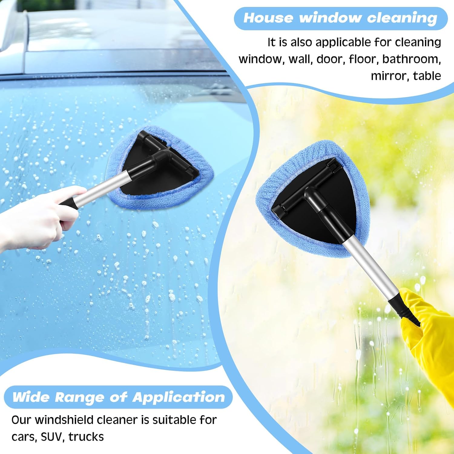 Baderke 10 Pcs Windshield Cleaner Tool Car Window Cleaning Supplies with Extendable Handle Include 6 Washable Microfiber Bonnets 2 Empty 60ml Spray Bottle Glass Wiper Kit(Light Blue) - Image 5