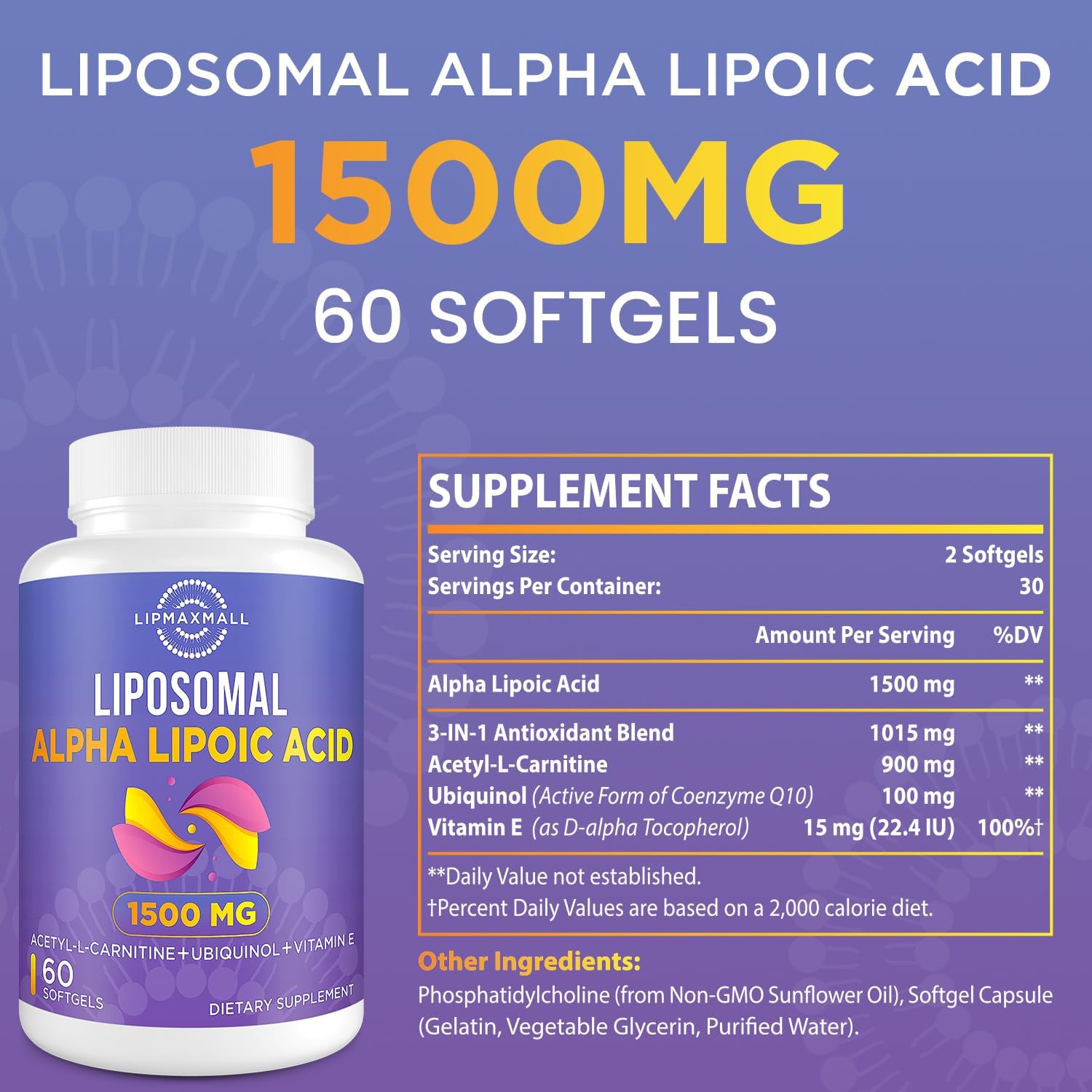 lipmaxmall Liposomal Alpha Lipoic Acid 1500mg-with Acetyl-L-Carnitine 900mg& Ubiquinol 100mg& Vitamin E 15mg,ALA Supplement for Antioxidants Glucose Metabolism Nerve Energy Cardiovascular,60 Softgels - Image 2