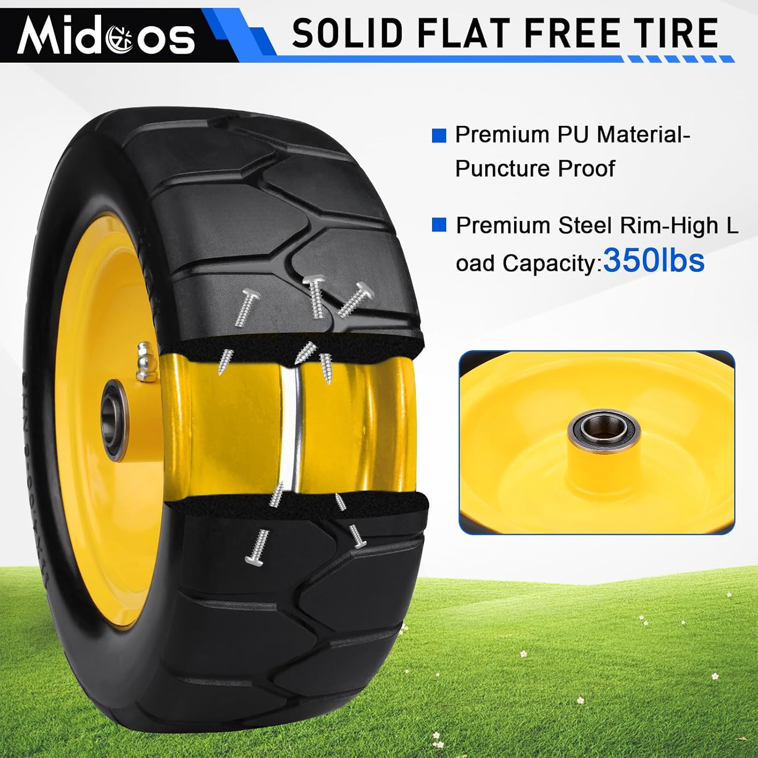 11x4.00-5'' Lawn Mower Tires Flat Free, 11x4-5 Solid Tires and Wheel, Zero Turn Mower Front Tires with 3/4" or 5/8" & 1/2" Precision bearings, 3.4"-5.6" Centered Hub for Zero-Turn Lawn Mower (2 Pack) - Image 4