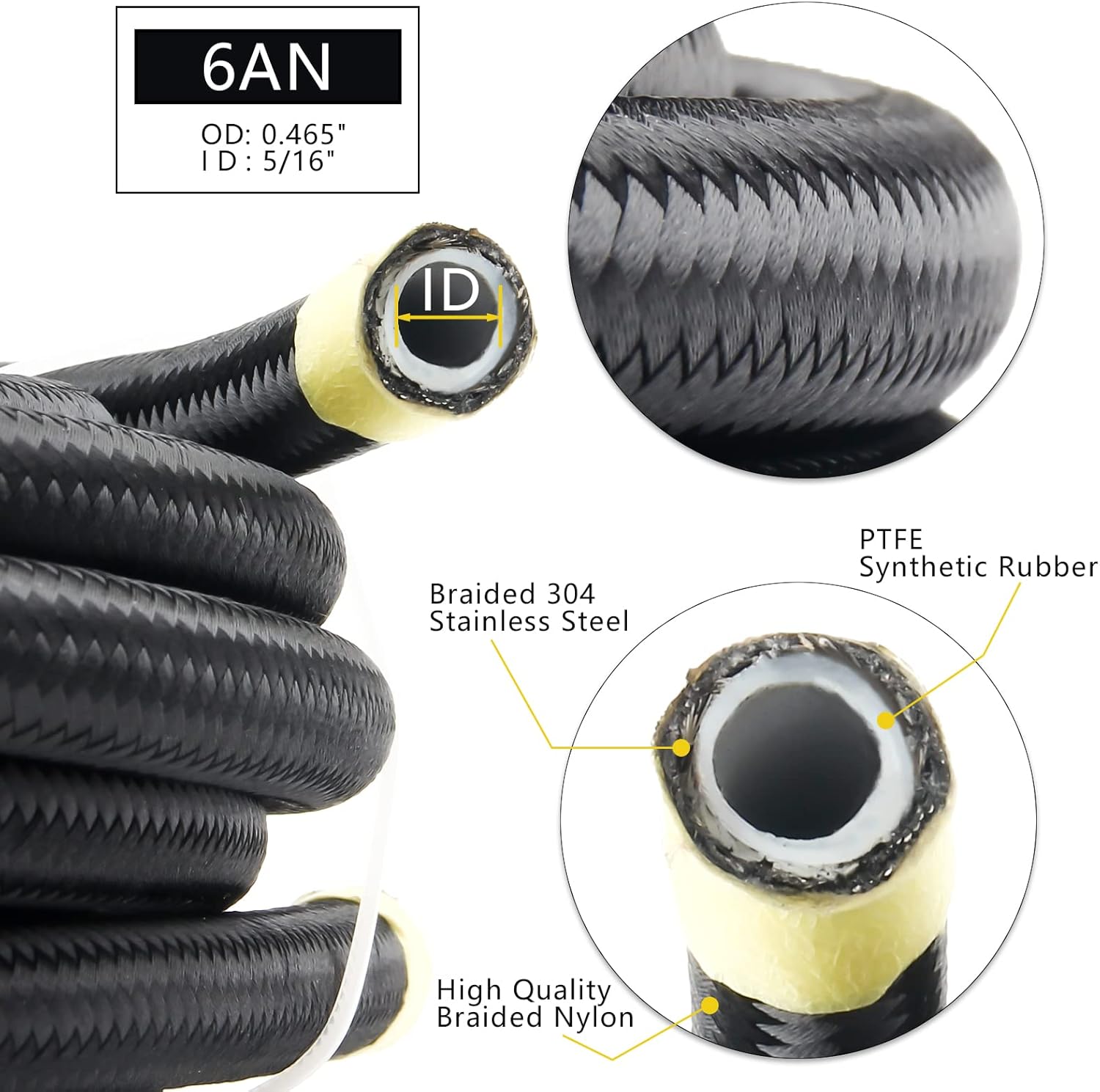 6AN PTFE Fuel Line Kit, 5/16" Nylon Stainless Steel Braided, LS Swap EFI E85 Injection Fuel Hose Fitting 20FT - Image 3