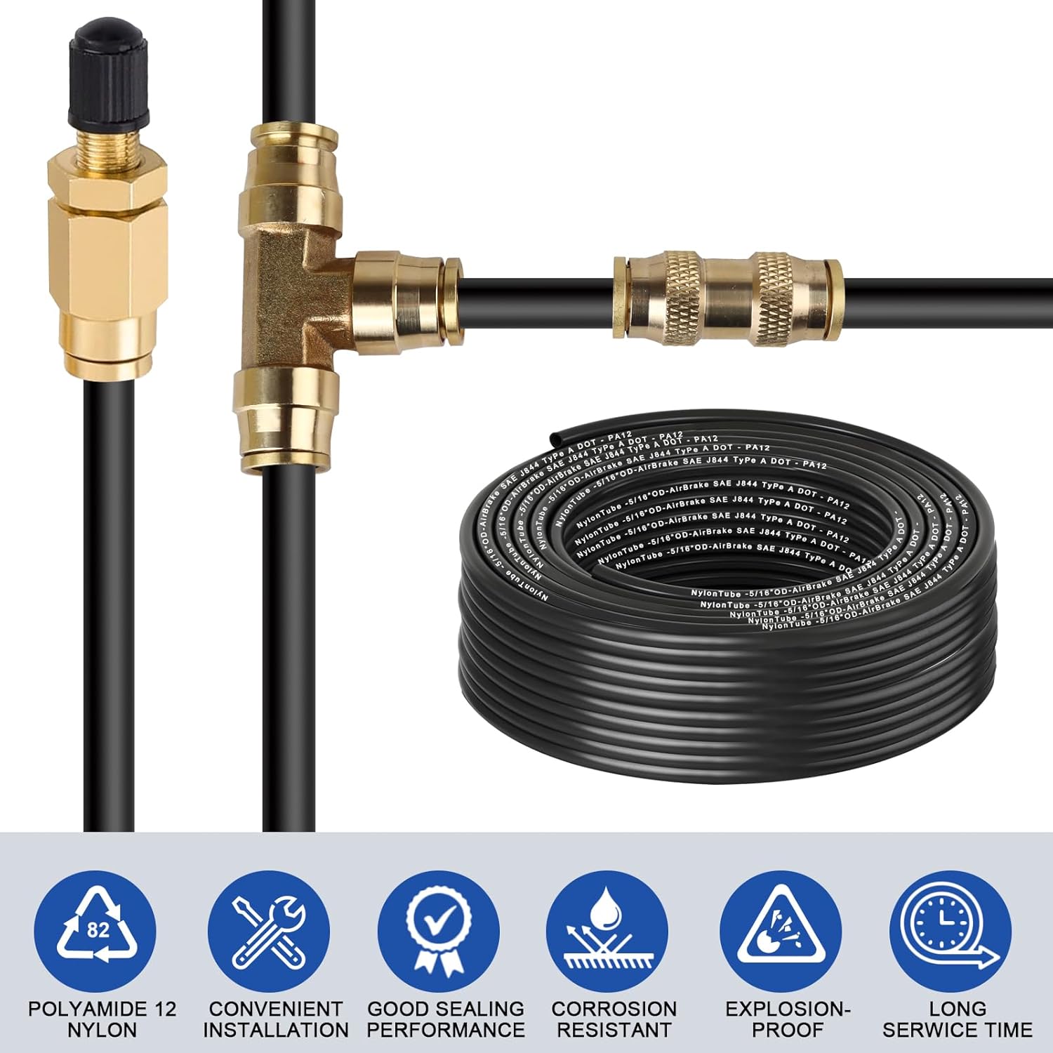 5/16" OD x 50FT DOT Air Line Black SAE J 844 PA12 Nylon Air Brake Tubing with Cutter and Teflon Tape, Pneumatic Nylon Air Line Hose for Semi Truck Trailer Air Brake System & Fluid Transfer - Image 6