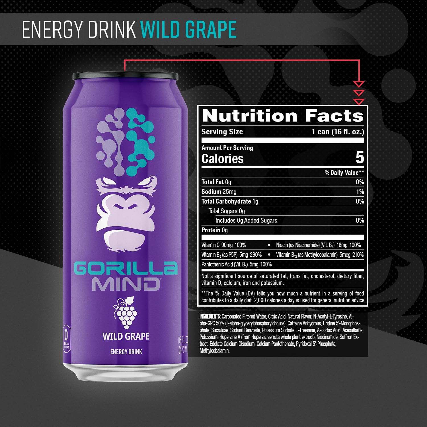 Gorilla Mind Energy Drink | Unmatched Energy · Amplified Focus | N-Acetyl-L-Tyrosine, Alpha-GPC, 200mg Caffeine, Uridine, Saffron | 0 Sugar Or Artificial Colors | 16oz, 12-Pack (Wild Grape) - Image 2