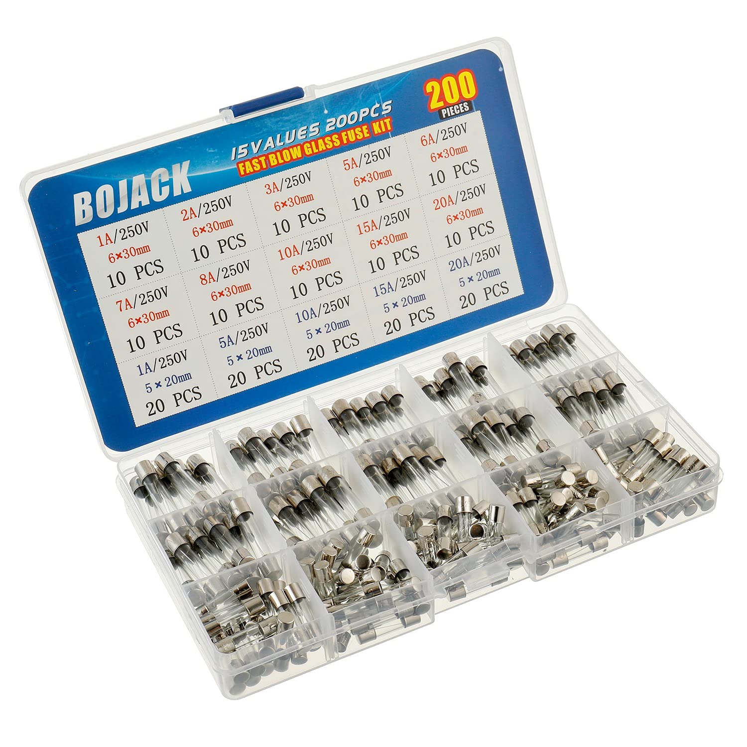 BOJACK 15 Values 200 pcs Fast-Blow Glass Fuses Assortment Kit 5x20mm 250V 1 5 10 15 20A 6x30mm 250V 1 2 3 5 6 7 8 10 15 20A amp packag in a Clear Plastic Box - Image 2