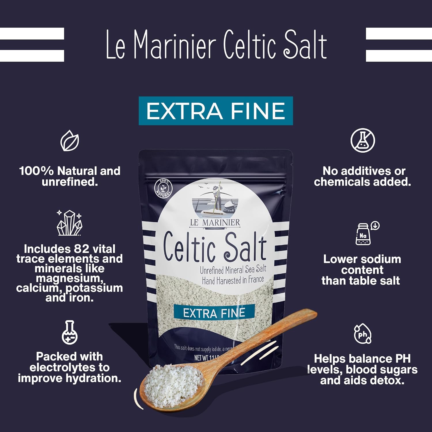 Le Marinier Celtic Salt Organic Extra Fine, 1.1 lb - 18oz. Mineral Rich 100% Natural and Unrefined. French Sea Salt with +82 Vital Minerals. Hand Harvested (1.1 lb Extra Fine) - Image 4