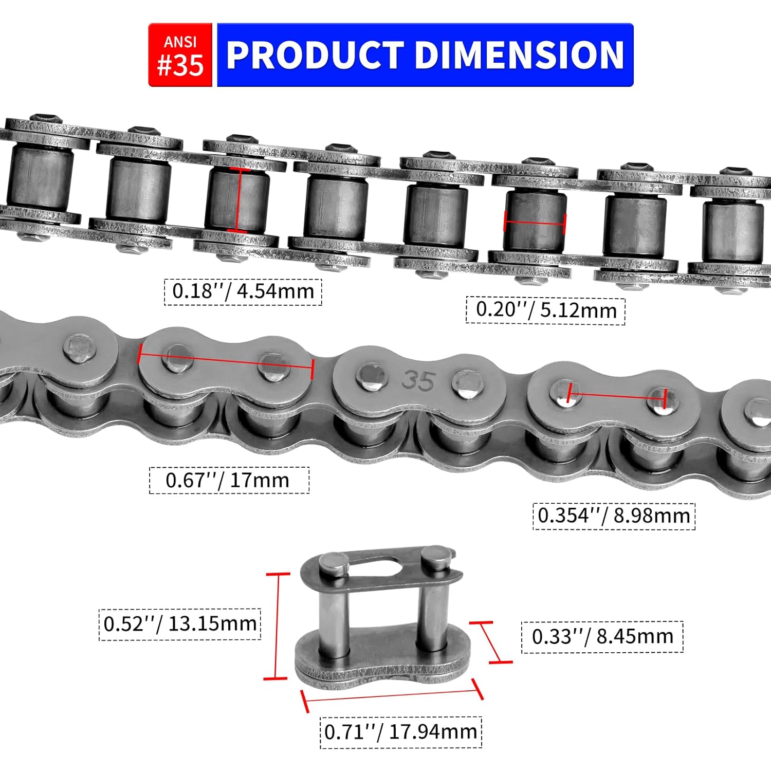#35 Roller Chain, 3 Feet 35 Chain with 5 Master Links, Chain Breaker- Carbon Steel Chain for Mini Bike, Go Kart, Motorcycle, Scooter, Bicycle, Home and Industrial Machinery - 96 Links - Image 2
