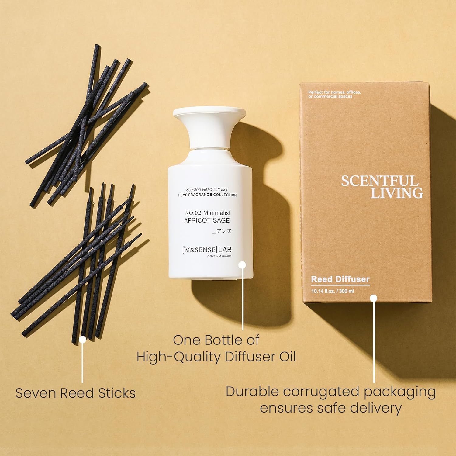 M&SENSE Minimalist Large Reed Diffuser 300ml, Apricot Sage Scented with Natural Essential Oils, Long Lasting with 7 Sticks, Non-Toxic Home Fragrance for Bedroom, Bathroom Decor - Image 6