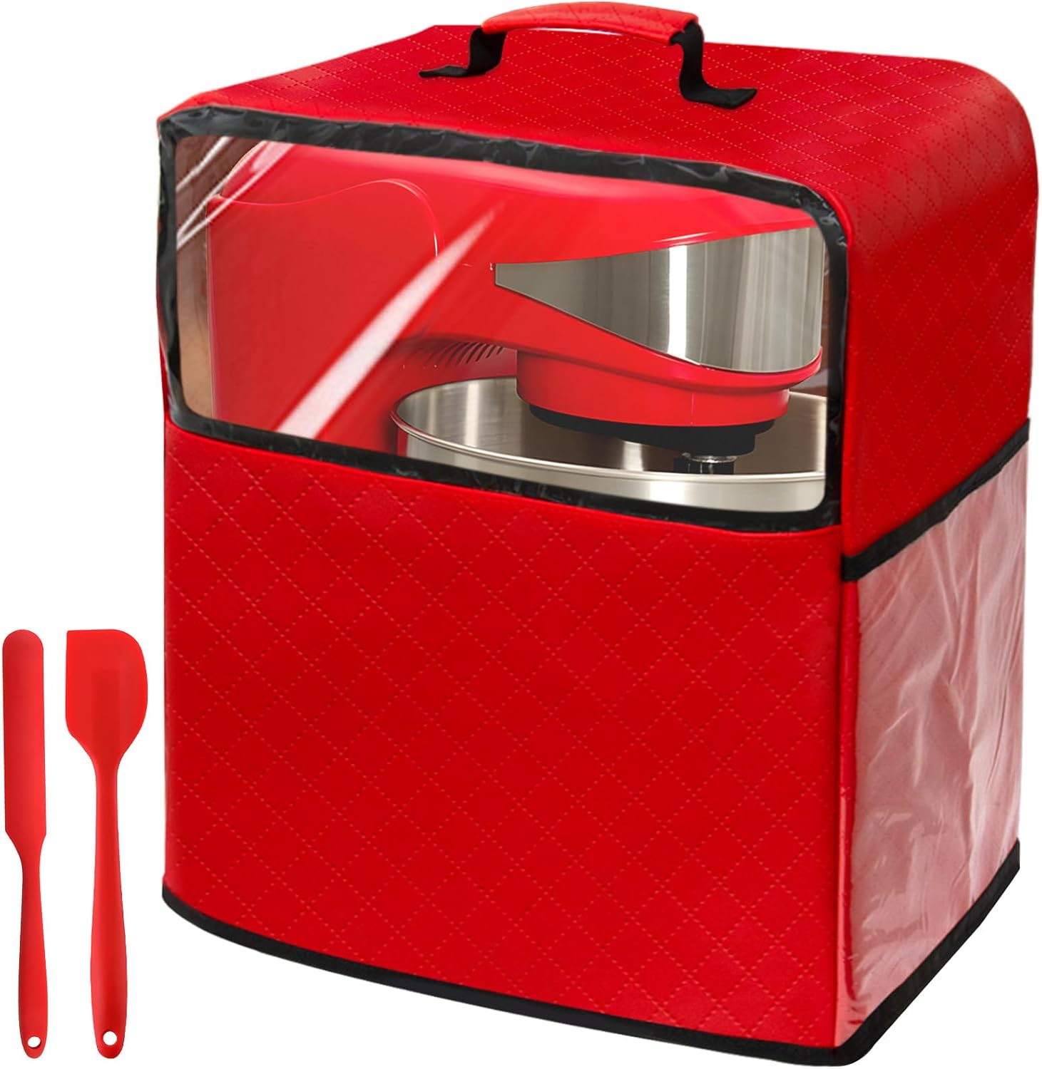 Stand Mixer Cover Compatible with Kitchenaid Mixer, Mixer Dust Cover Multi Pockets for Various Kitchen Appliance Accessories with Silicone Spatula (Red, Fit for 6-8 Quart)