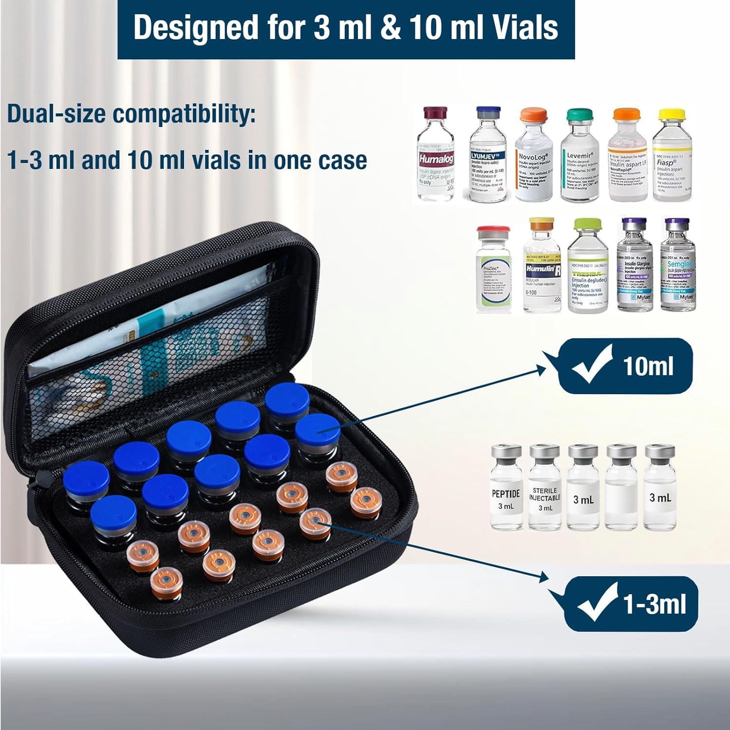 Peptide Case for Fridge, 20 Vials Holder, Fits 1ml 3ml 5ml 10ml Vials Storage, Not Fit Tall 10ml Vial,Diabetes Medication Organizer, No Vials, Black - Image 2