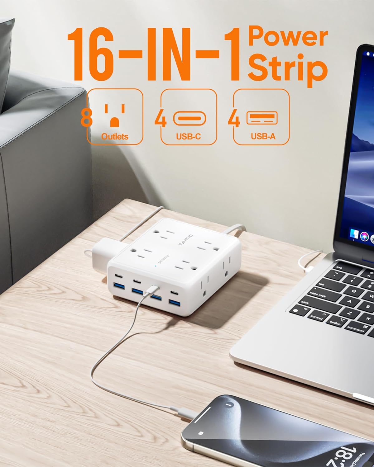 Olcorife Flat Plug Power Strip with 10 FT Extension Cord, 8 Outlets 8 USB Ports(4 USB C), 3 Sided Outlet Extender for Home Office Travel Dorm Room Essentials, White - Image 2